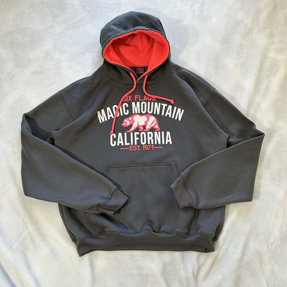 Vtg 90s Six Flags Magic Mountain California Hoodie Gray Red Skater Emo Tipsy L